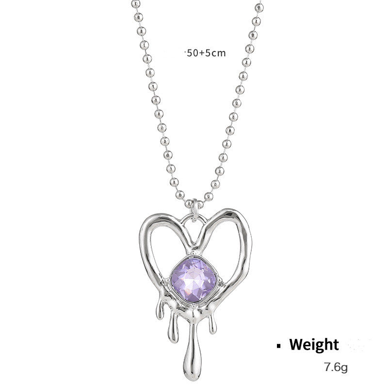 Metal Heart Jeweled Pendant Women's Necklace - Irregular Liquid Pattern Design