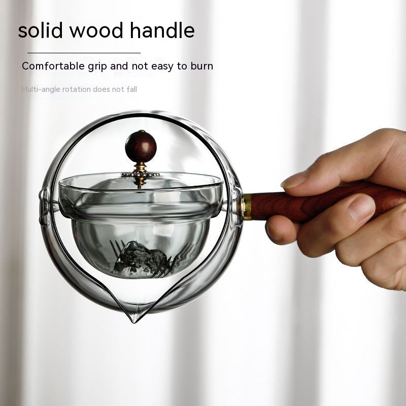 Semi-automatic Rotary Heat-resistant Glass Teapot with Infuser and Wooden Handle