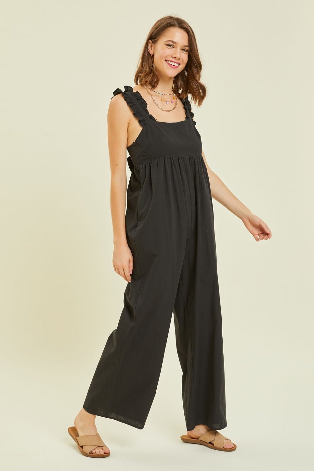 Black Ruffled Strap Back Tie Wide Leg Jumpsuit