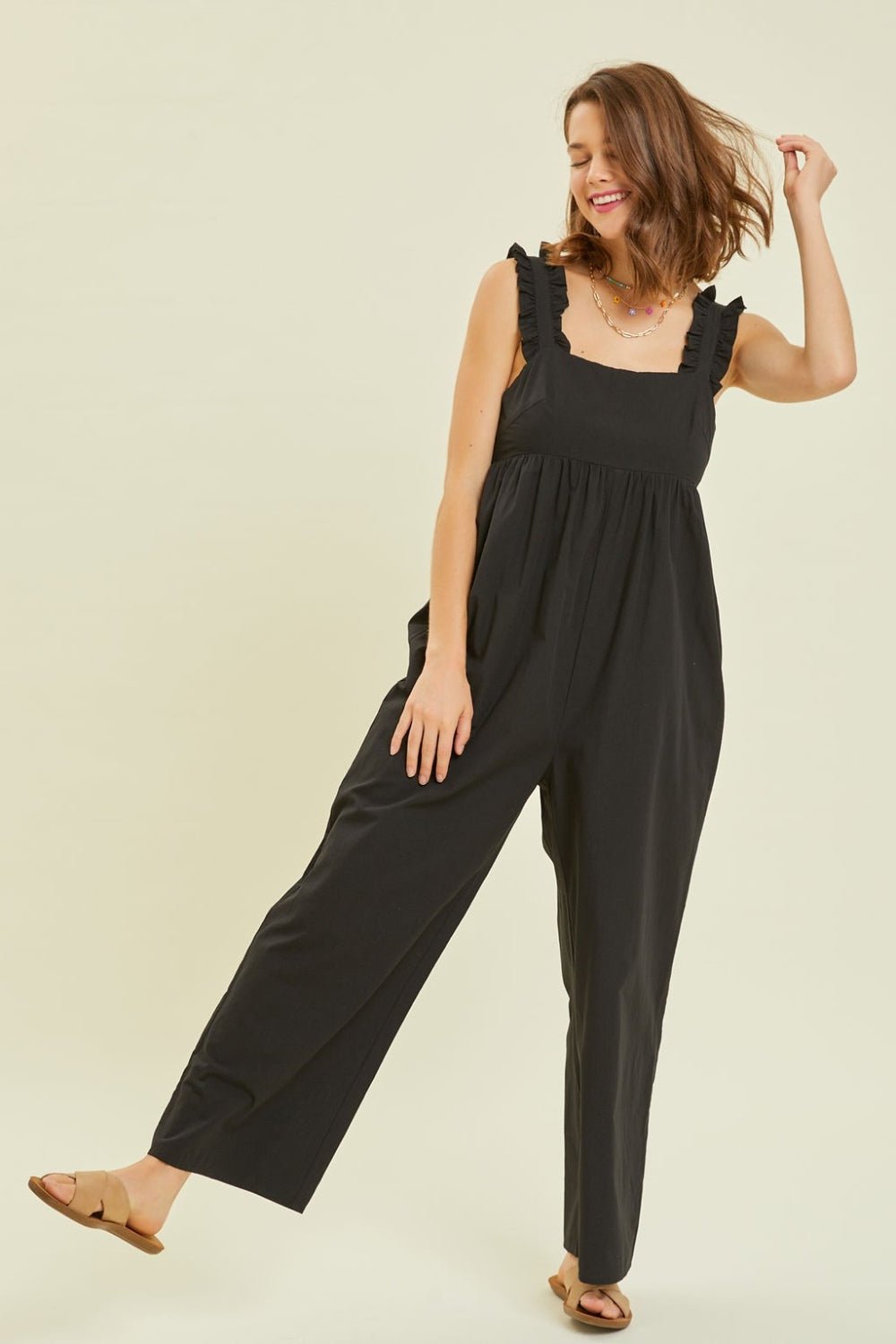 Black Ruffled Strap Back Tie Wide Leg Jumpsuit