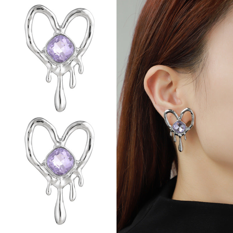 Metal Heart Jeweled Pendant Women's Necklace - Irregular Liquid Pattern Design