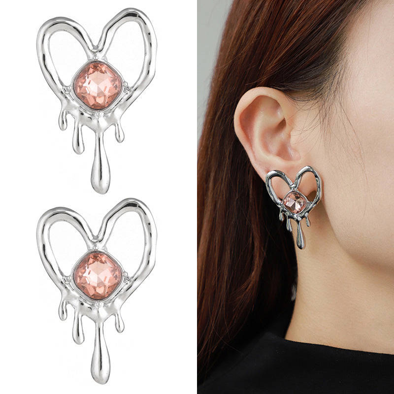 Metal Heart Jeweled Pendant Women's Necklace - Irregular Liquid Pattern Design