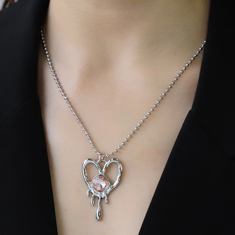 Metal Heart Jeweled Pendant Women's Necklace - Irregular Liquid Pattern Design