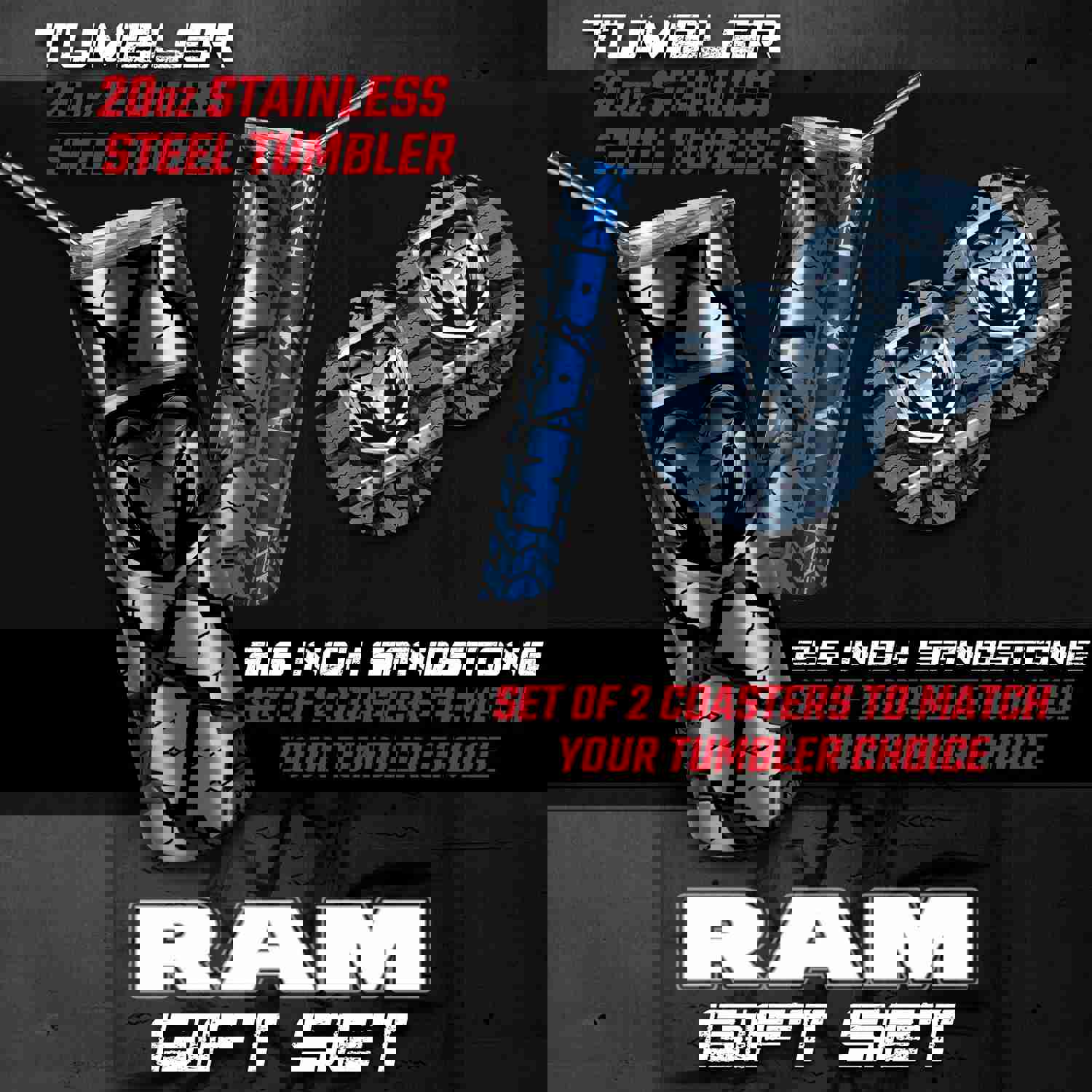 Ram Tumbler and Car Coasters - Stainless Steel & Sandstone Accessories