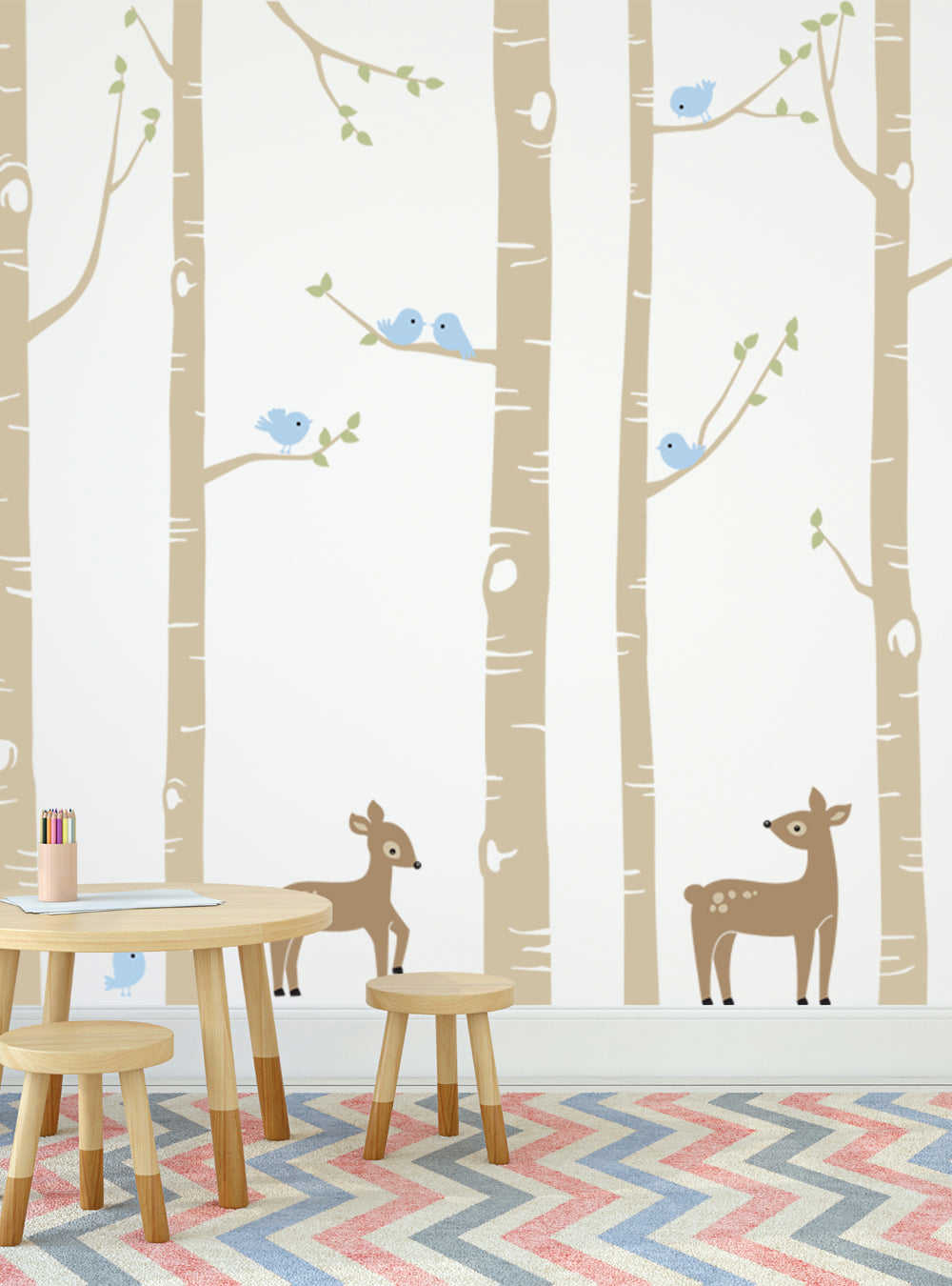 Birch Tree with Bird and Deer Wall Decal - Nature-Themed Nursery Decor