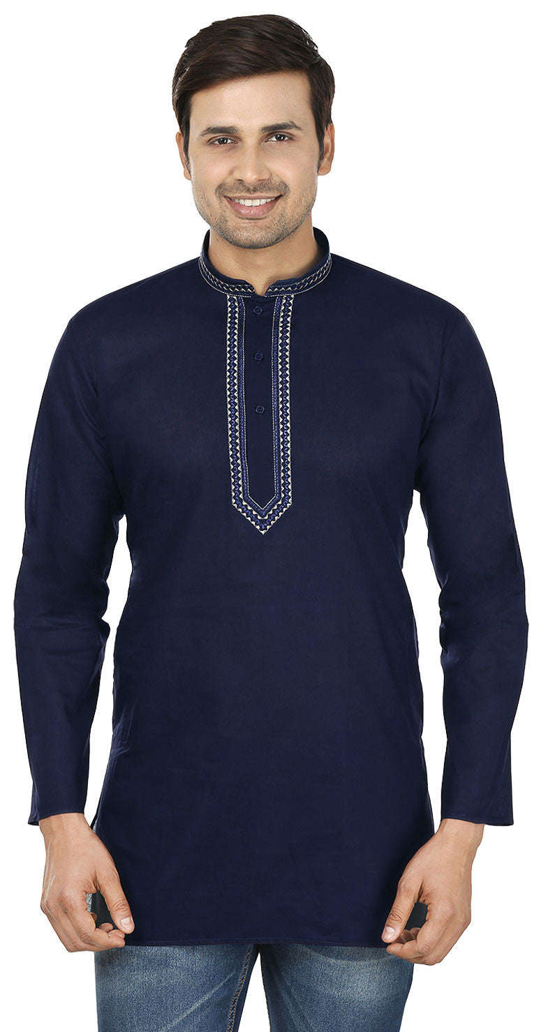 Indian Embroidered Cotton Short Kurta for Men - Dark Blue