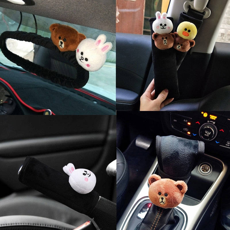 Cute Cartoon Bear Plush Car Safety Seat Belt Cover Shoulder Pad Hand Brake Gear Shifter Cover