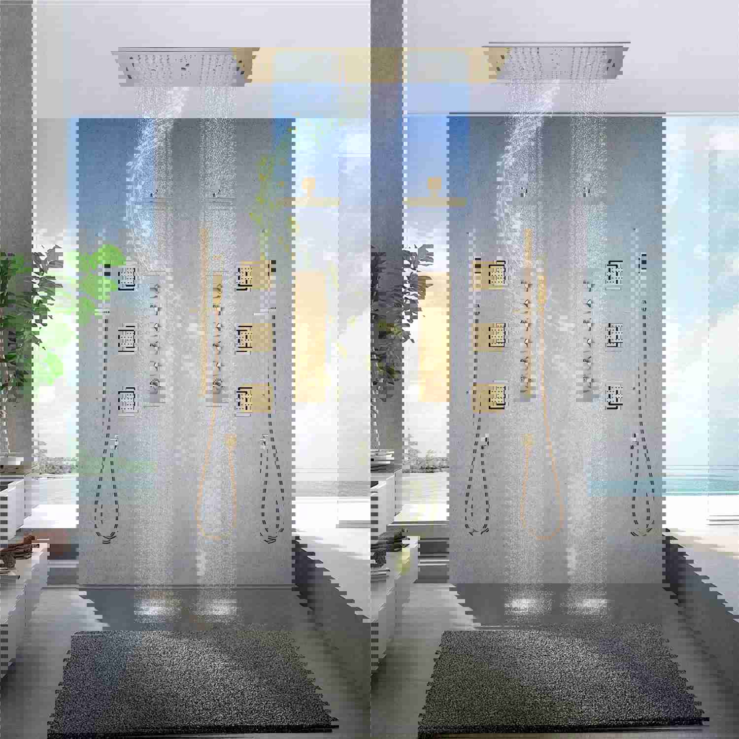 MULTNOMAH 36 IN DUAL SHOWERHEAD COMPLETE LED MUSIC SHOWER SET WITH 6 BODY JETS AND 2 WALL MOUNTED RAINFALL SHOWERHEADS