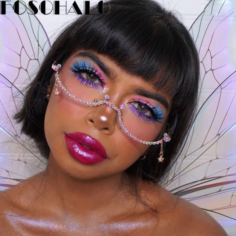 Diamond Eyeglasses Frame for Women - Water Drop Lensless Chain Pendant Half Frame Rhinestone Glasses Shades