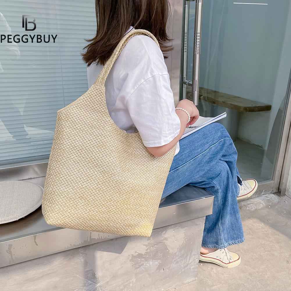 Lkblock Fashion Rattan Women Shoulder Bags - Straw Woven Casual Tote for Summer & Beach