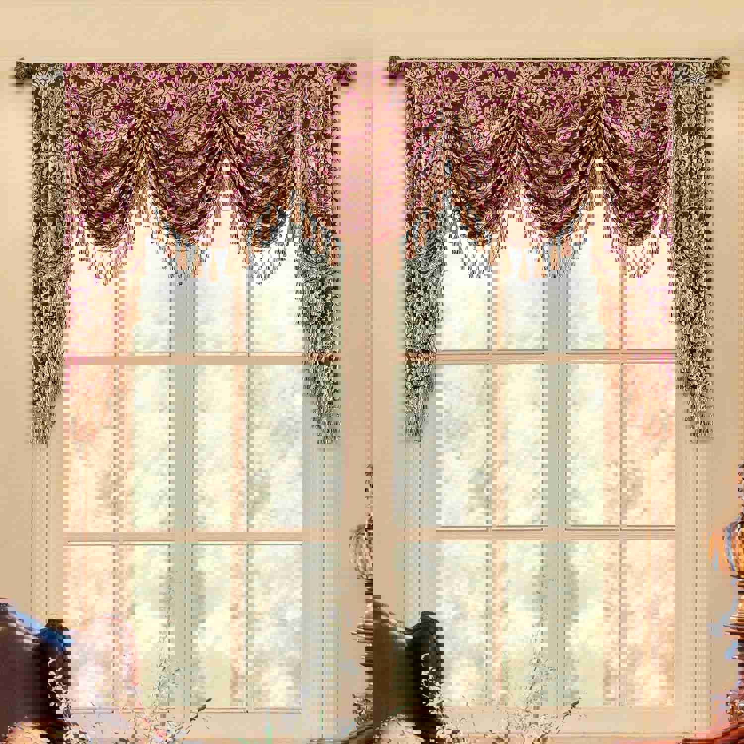 Lafaye Swag Valance - Classic Damask Pattern Waterfall Window Valance