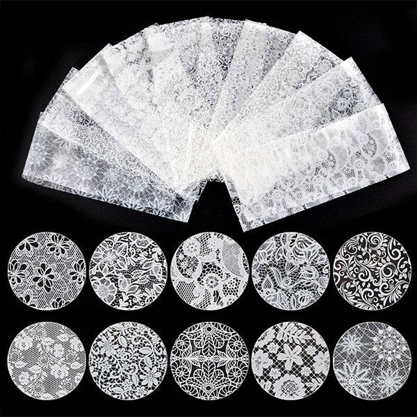 White Lace Nail Transfer Decals with Scroll Flower Pattern | Filigree Floral Nail Foils