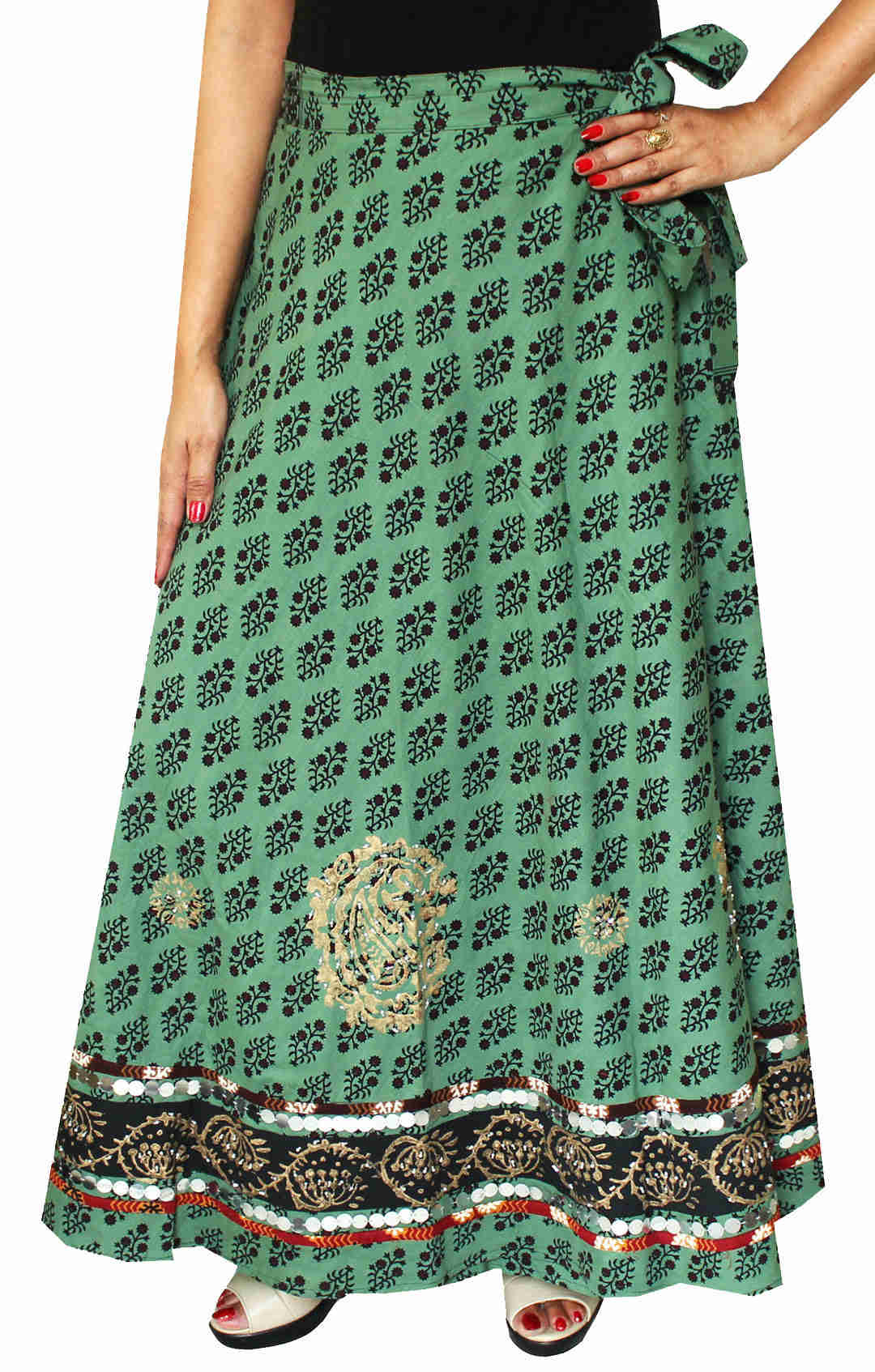Handmade Cotton Wrap Around Women's Long Skirt with Beads and Sequins (Green)