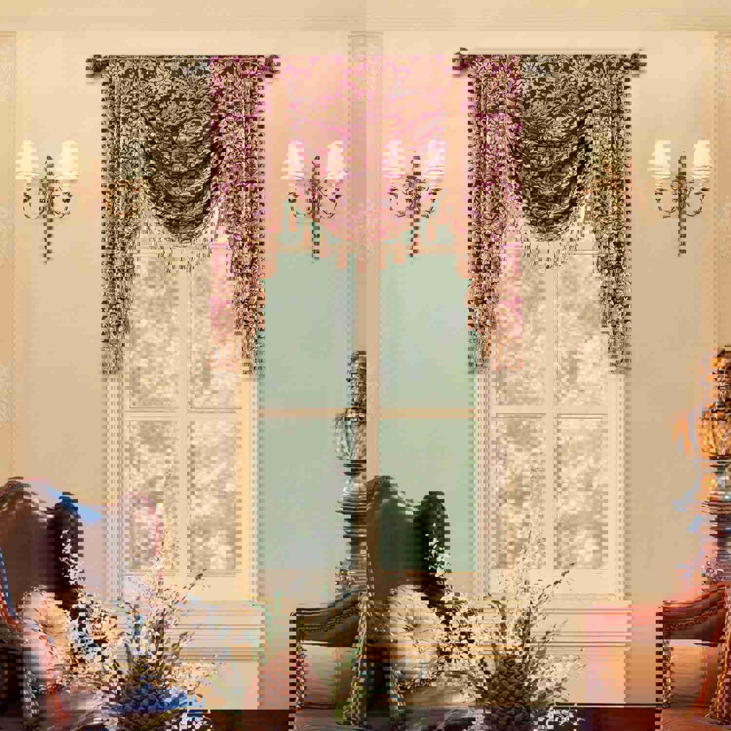 Lafaye Swag Valance - Classic Damask Pattern Waterfall Window Valance