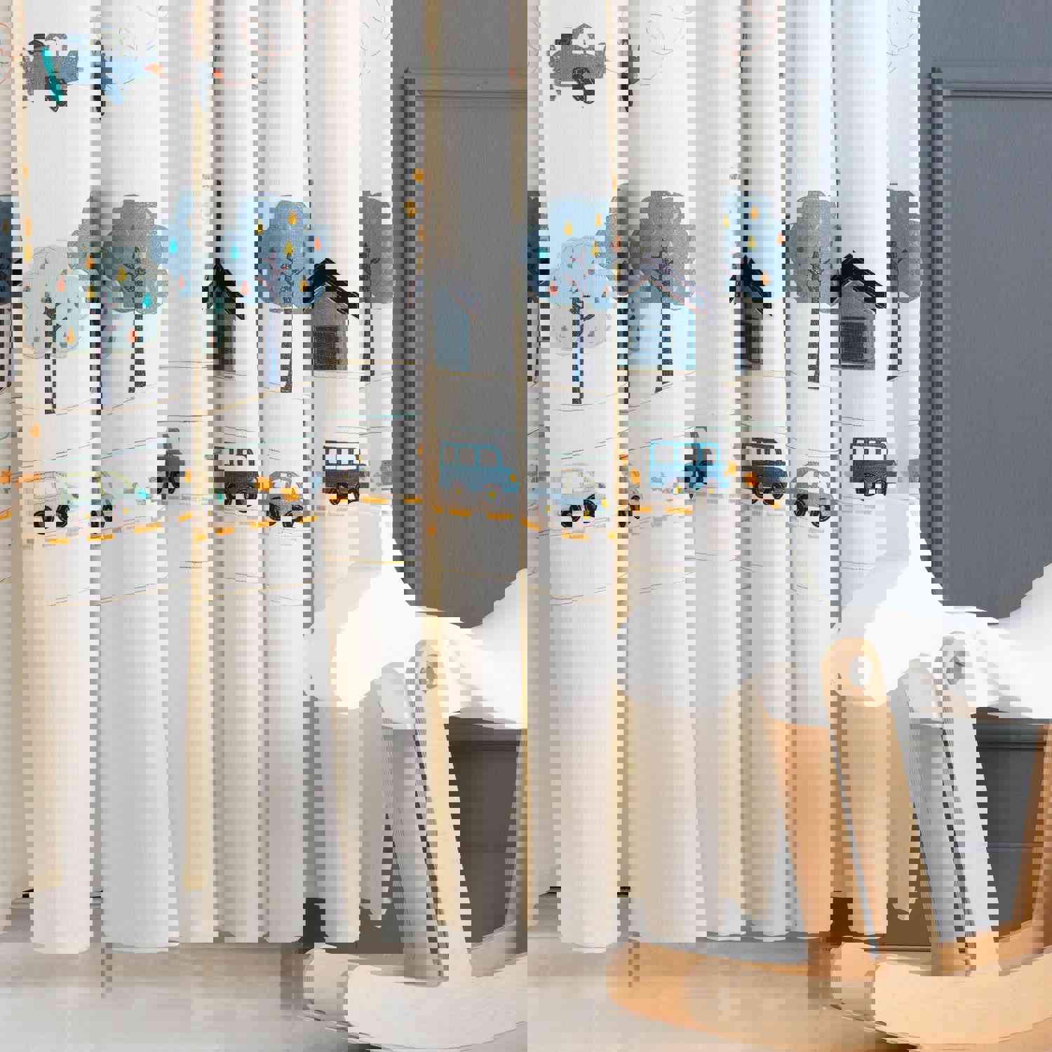 Blue Woodland Kids Room Linen Sheer Curtain - Embroidered, Anti-Allergic Nursery Curtain