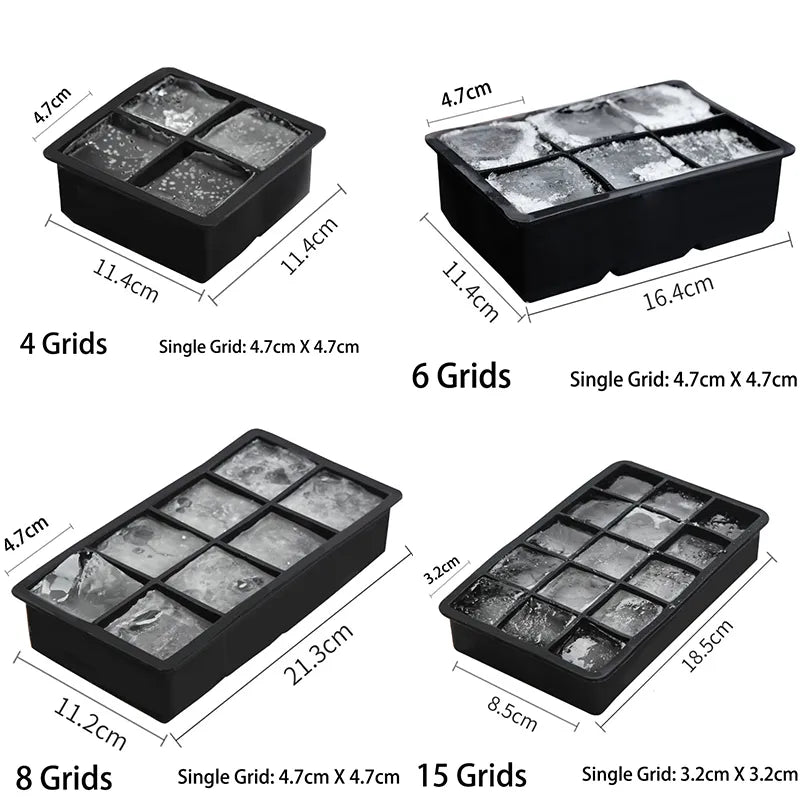 Grid Big Ice Tray Mold Box - Large Food Grade Silicone Ice Cube Square Tray for DIY Bar, Pub, Wine (4/6/8/15 Grids)