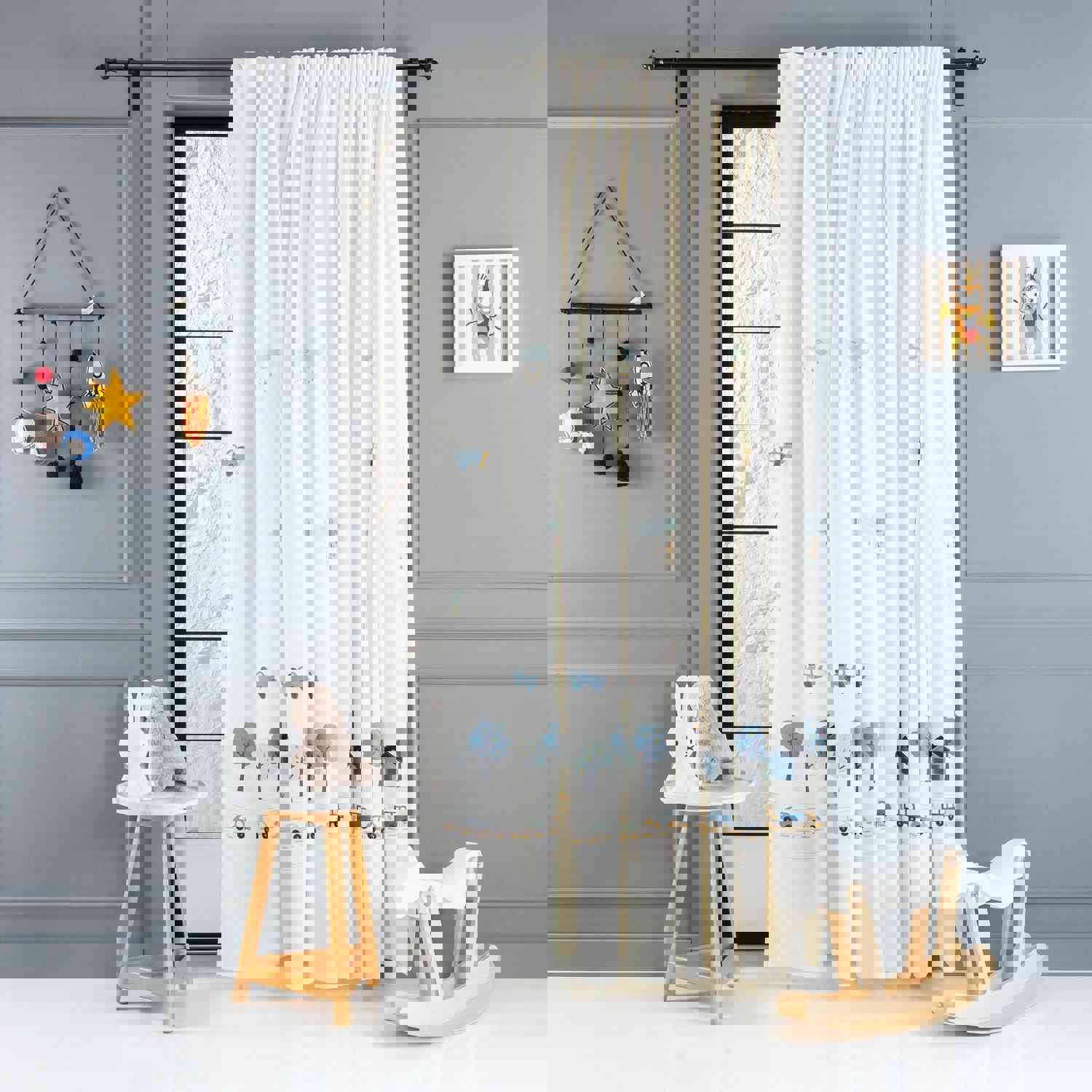 Blue Woodland Kids Room Linen Sheer Curtain - Embroidered, Anti-Allergic Nursery Curtain