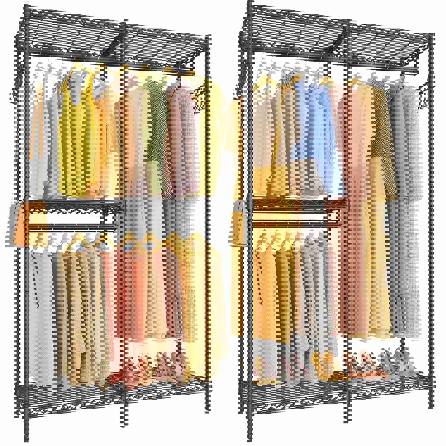 V4 Garment Rack for Hanging Clothes, Portable Closet Storage System with Adjustable Shelves Heavy Duty Clothes Rack Metal Wardrobe Double Clothing Rack with 2 Side Hooks, Max Load 810lbs, Black