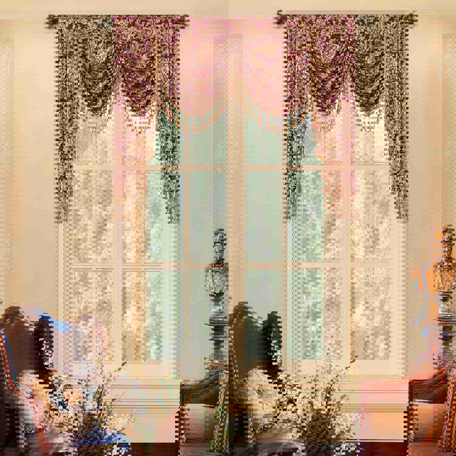 Lafaye Swag Valance - Classic Damask Pattern Waterfall Window Valance