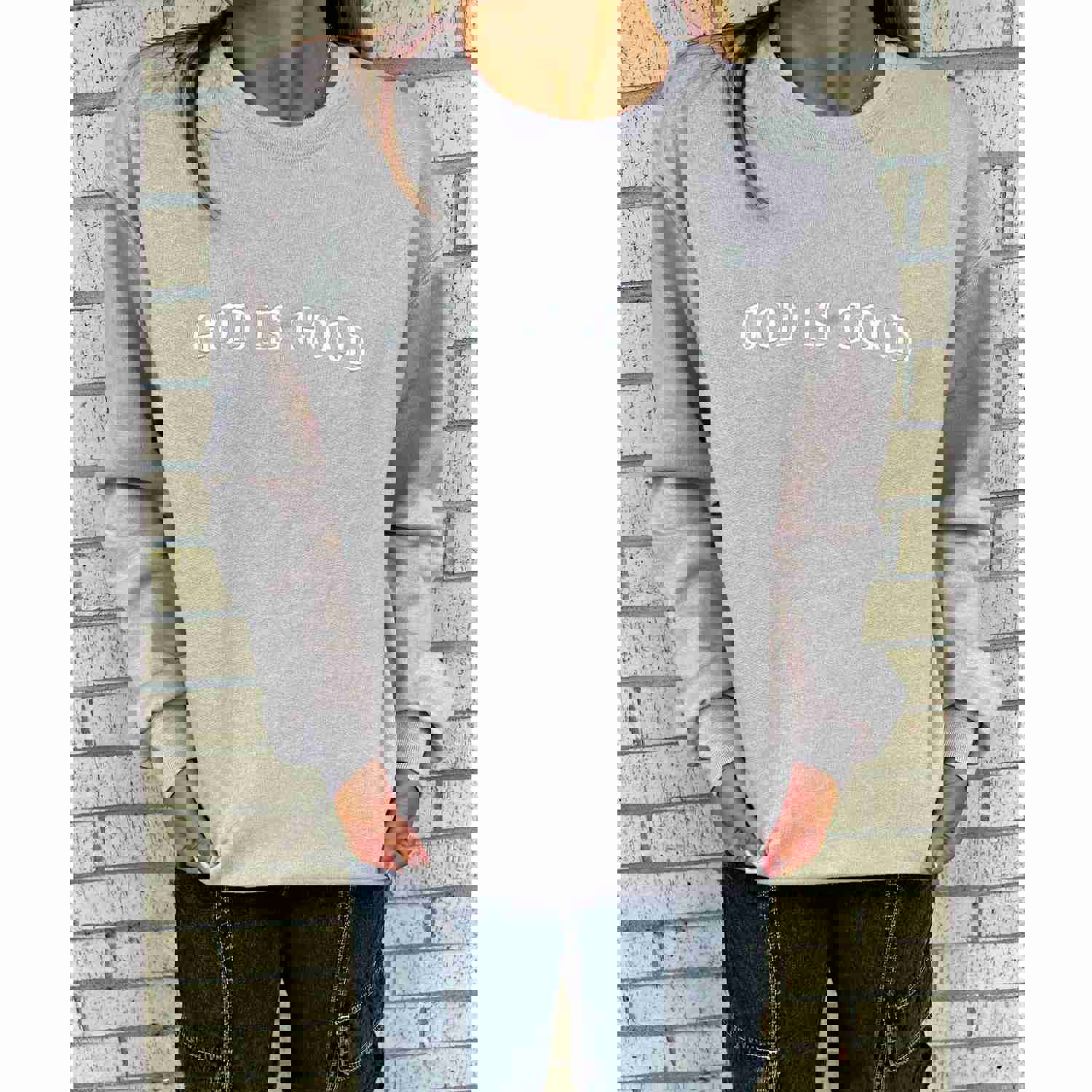 God is Good Tan Embroidered Sweatshirt