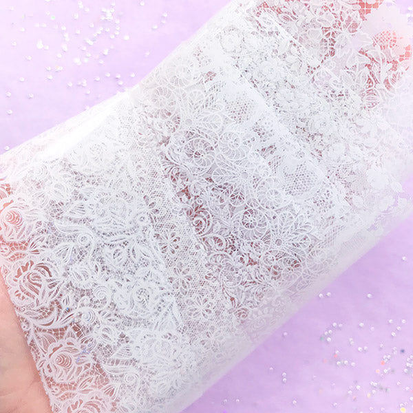 White Lace Nail Transfer Decals with Scroll Flower Pattern | Filigree Floral Nail Foils