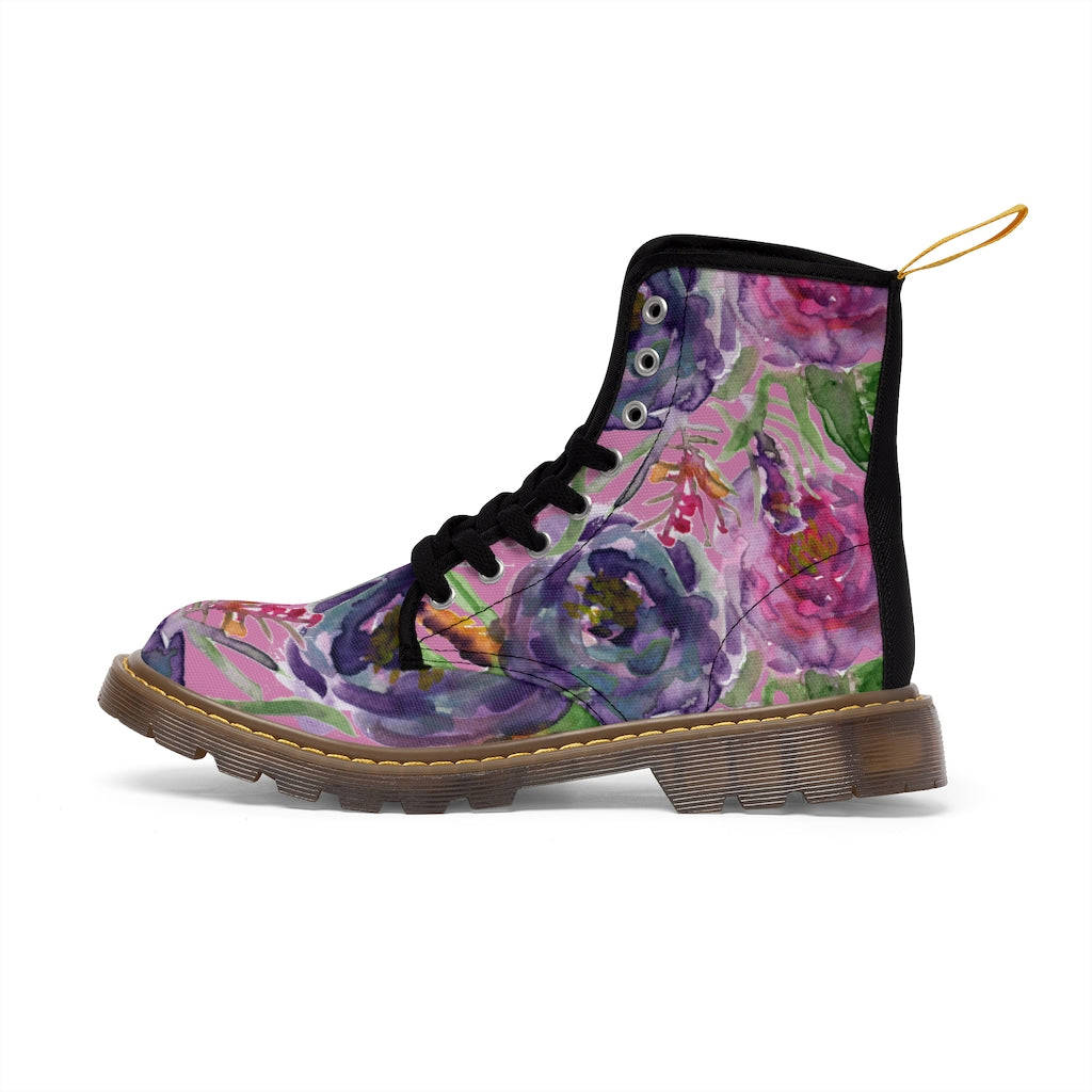 Pink Rose Floral Women's Winter Boots - Vintage Style Lace-Up Combat Boots