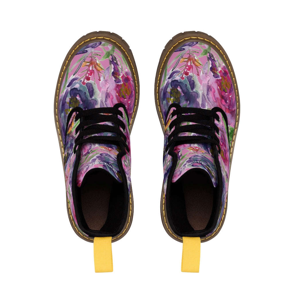 Pink Rose Floral Women's Winter Boots - Vintage Style Lace-Up Combat Boots