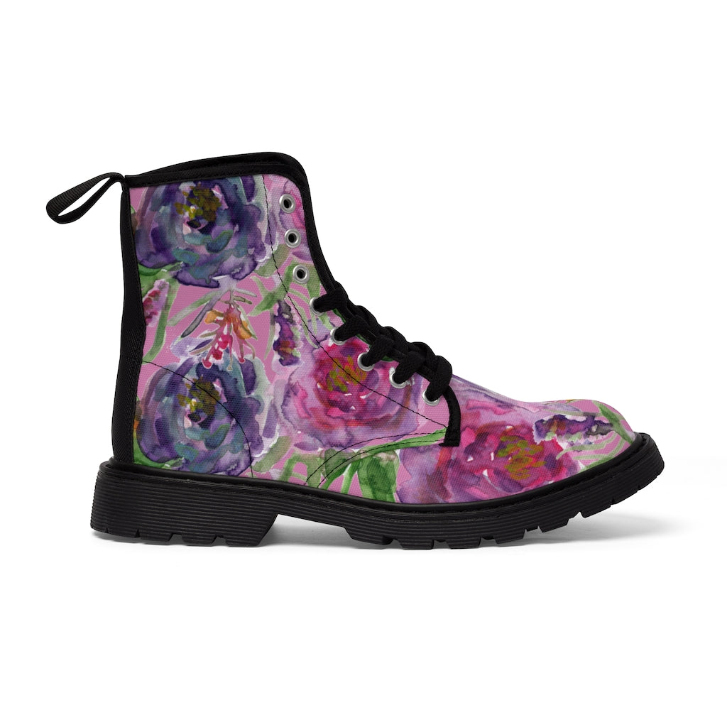 Pink Rose Floral Women's Winter Boots - Vintage Style Lace-Up Combat Boots