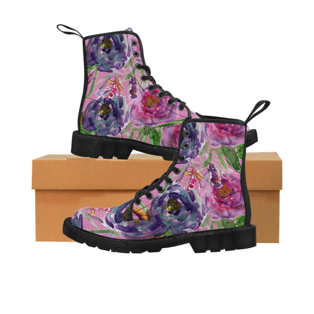 Pink Rose Floral Women's Winter Boots - Vintage Style Lace-Up Combat Boots