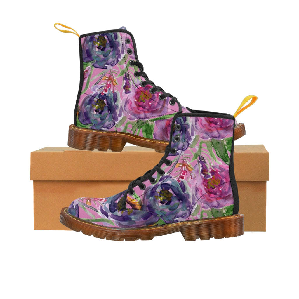 Pink Rose Floral Women's Winter Boots - Vintage Style Lace-Up Combat Boots