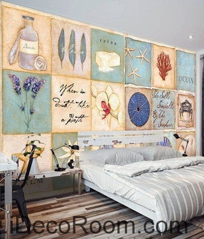 Retro Starfish Coral Lavender Flower Wallpaper Wall Decals - Home Decor Gift