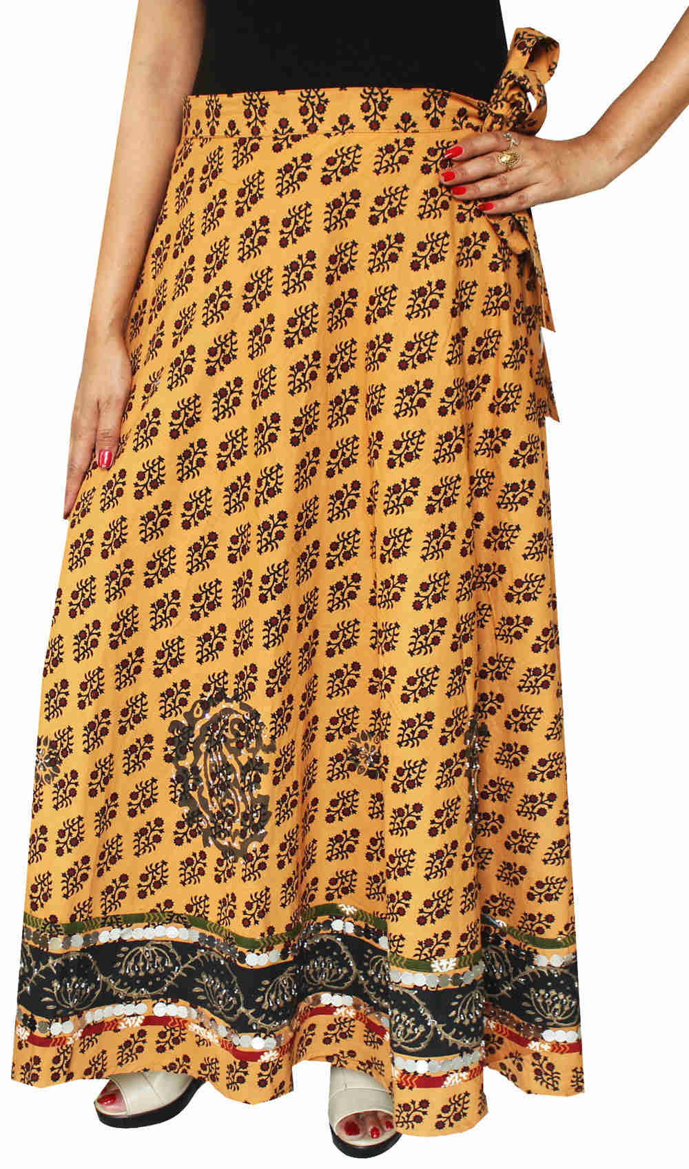 Women's Long Indian Wrap Skirt - Cotton Maxi Skirt with Hand Block Print (Brown)