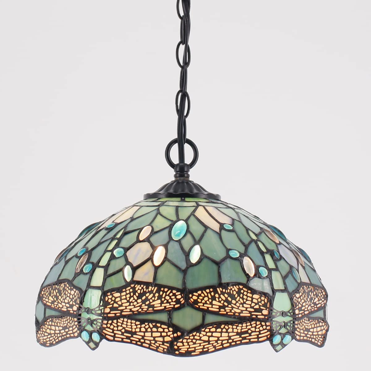 Tiffany Pendant Lamp Plug in Werfactory® Sea Blue Stained Glass Dragonfly 12 Inch Hanging Light
