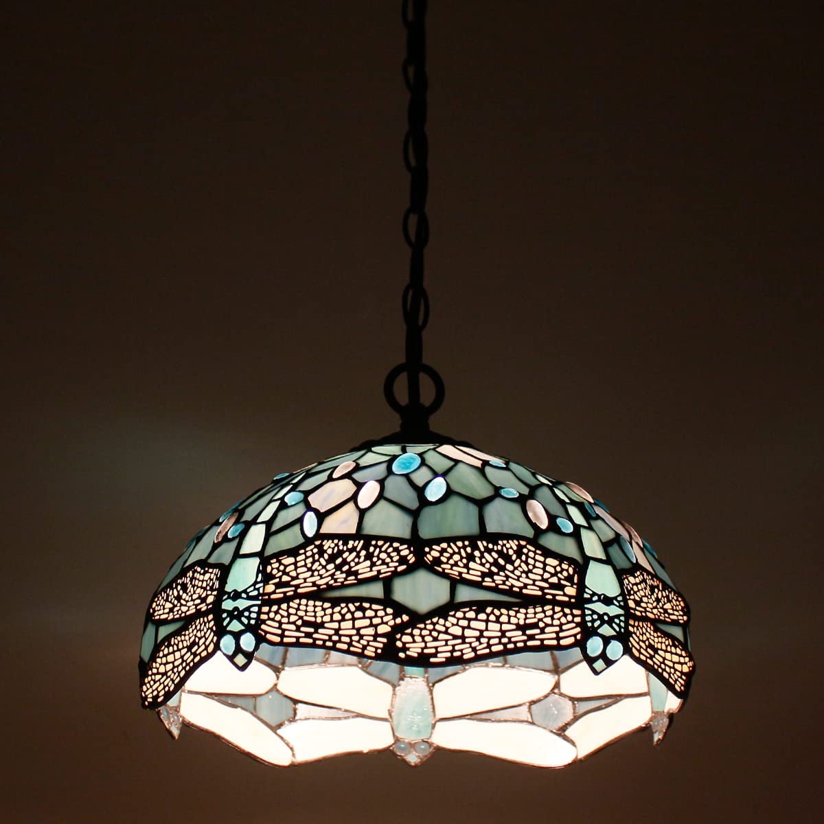 Tiffany Pendant Lamp Plug in Werfactory® Sea Blue Stained Glass Dragonfly 12 Inch Hanging Light