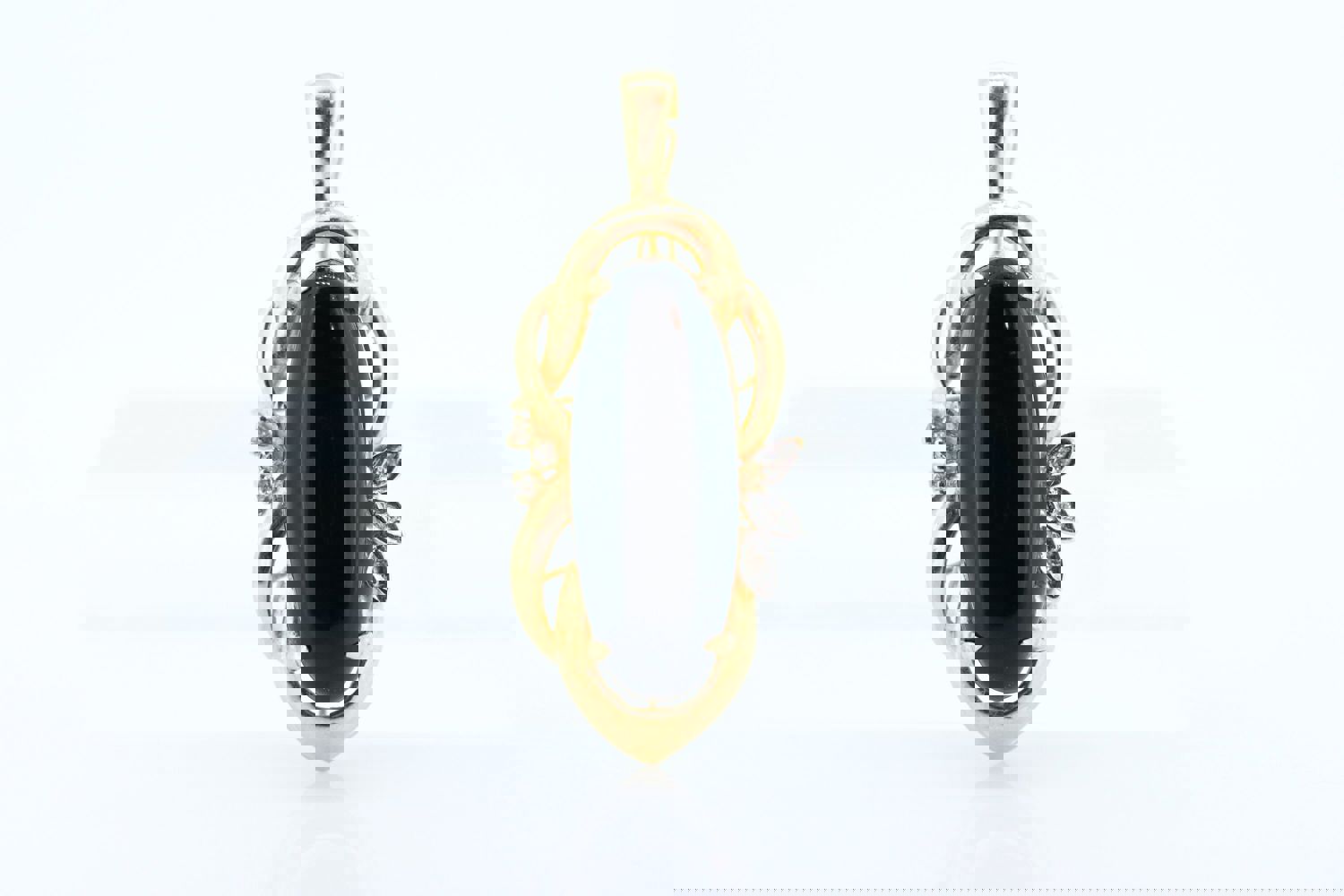 14k Onyx and Diamond Pendant - Large Cabochon Onyx with Diamond Accents