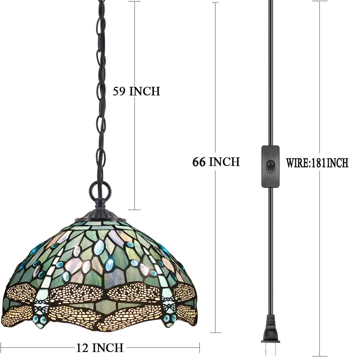 Tiffany Pendant Lamp Plug in Werfactory® Sea Blue Stained Glass Dragonfly 12 Inch Hanging Light