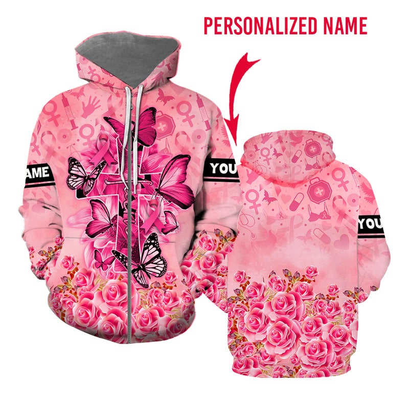 Personalized Name Breast Cancer Faith Premium Zip Hoodie for Men and Women