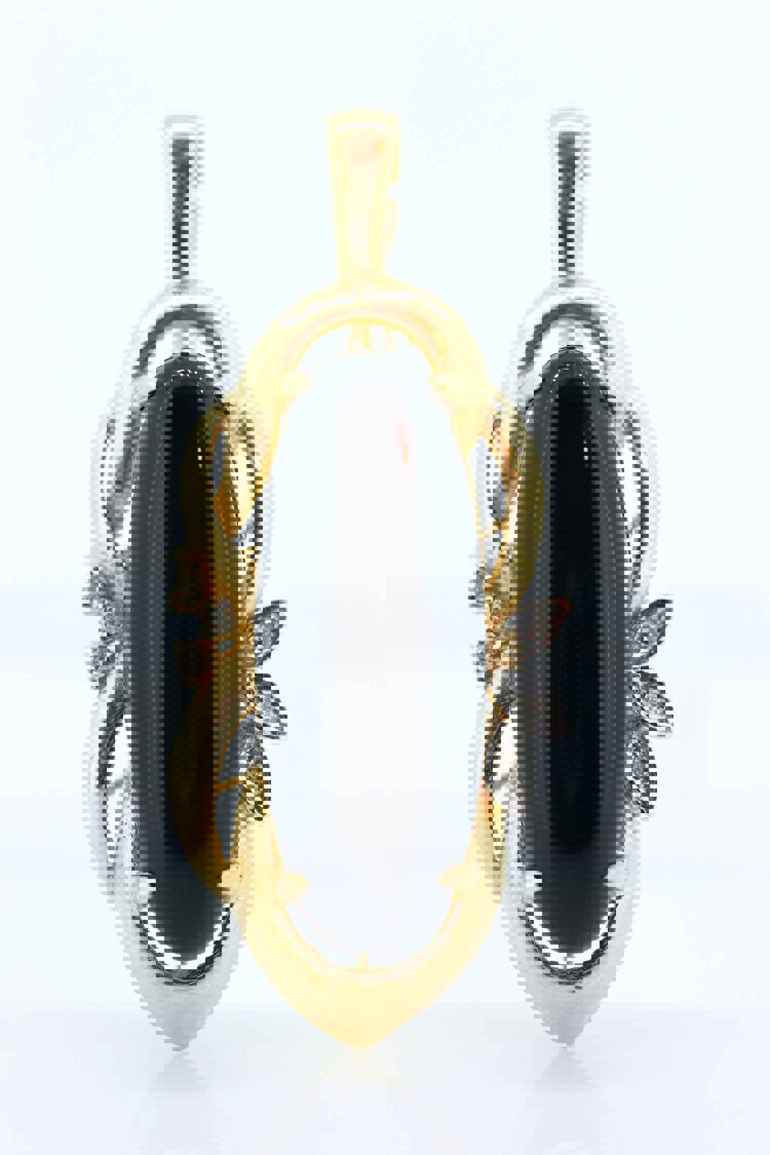 14k Onyx and Diamond Pendant - Large Cabochon Onyx with Diamond Accents