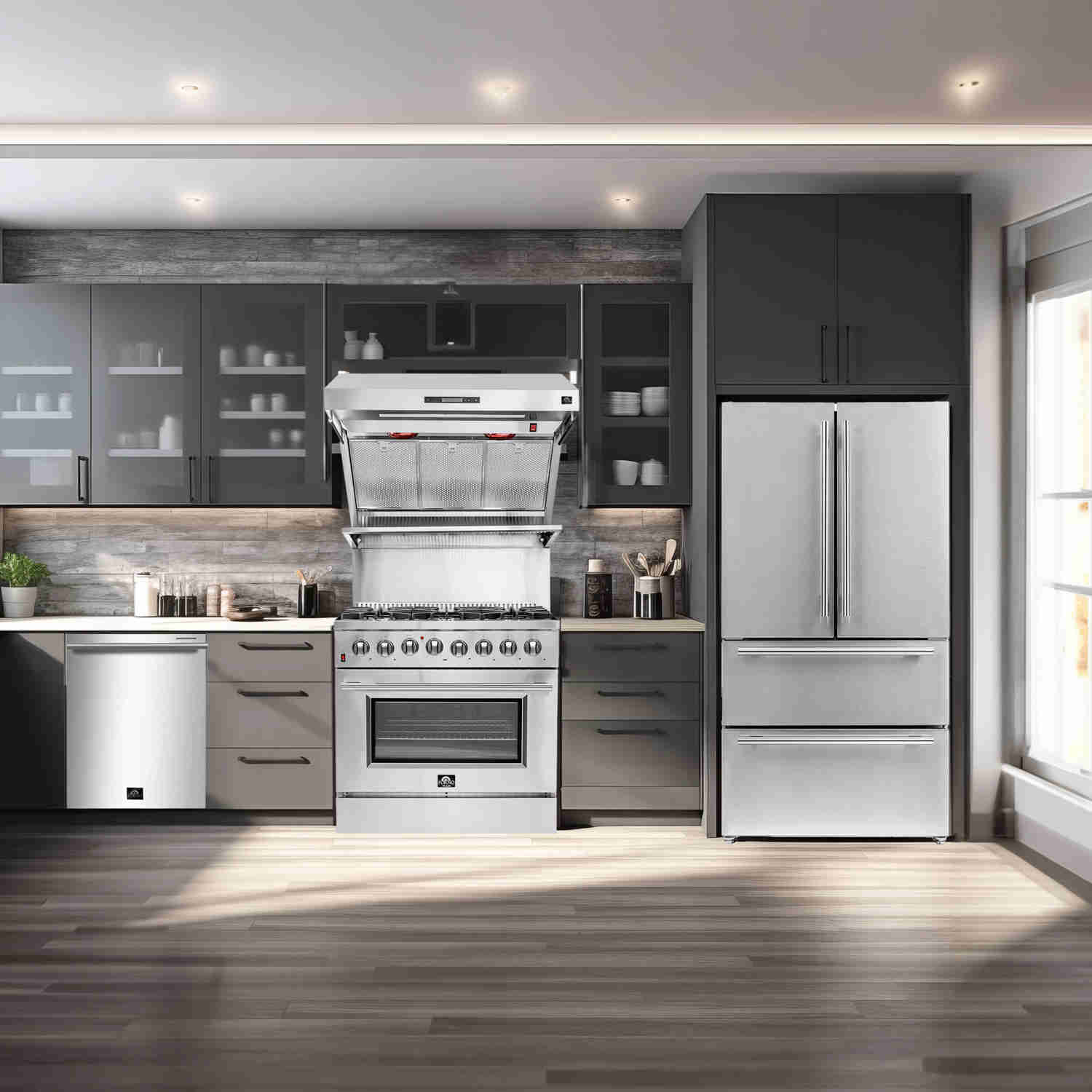 Forno 4-Piece Stainless Steel Appliance Package - 36-Inch Dual Fuel Range, Refrigerator, Wall Hood & Dishwasher