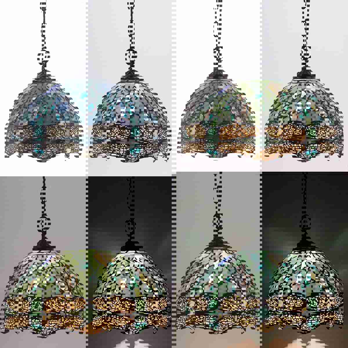 Tiffany Pendant Lamp Plug in Werfactory® Sea Blue Stained Glass Dragonfly 12 Inch Hanging Light