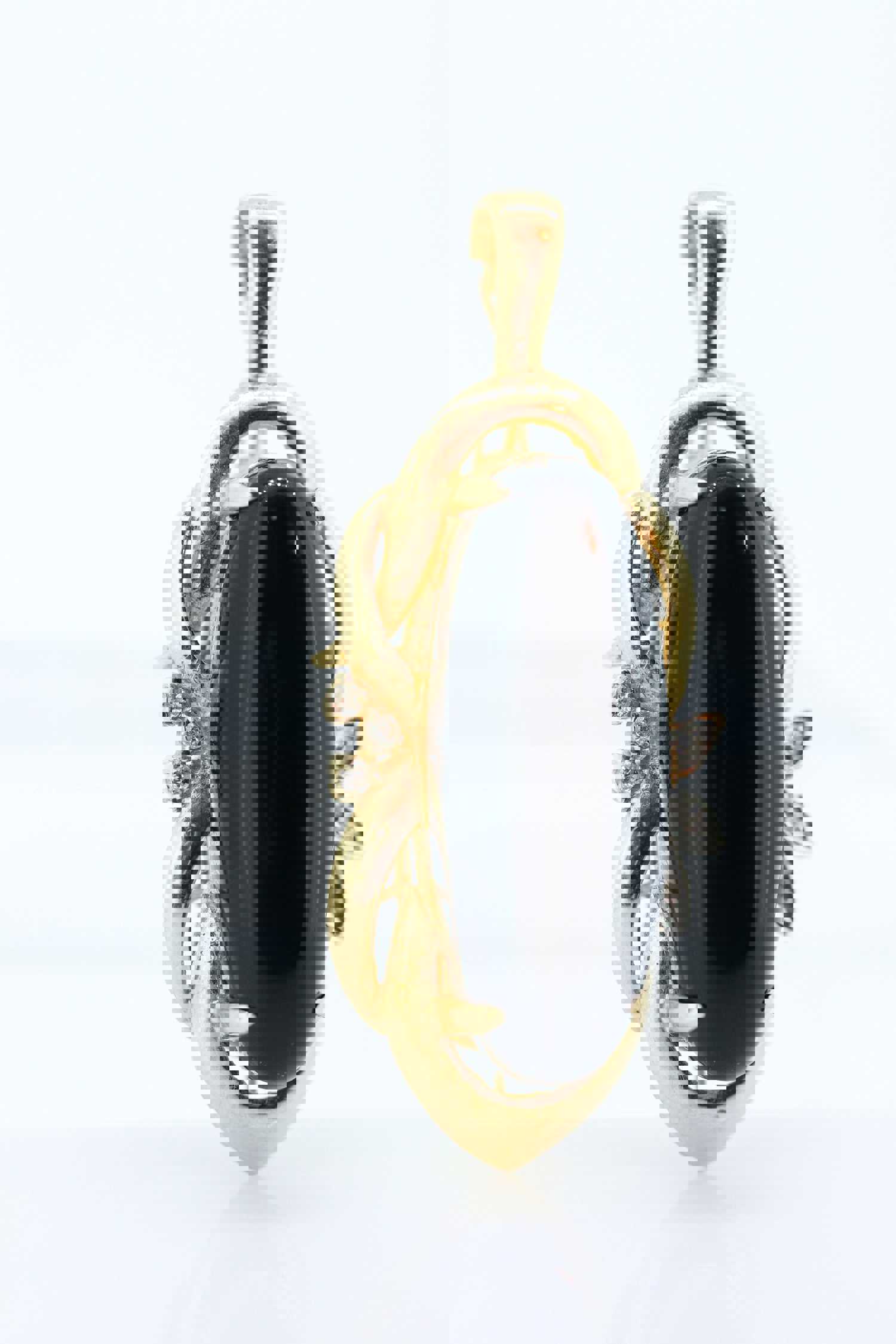 14k Onyx and Diamond Pendant - Large Cabochon Onyx with Diamond Accents