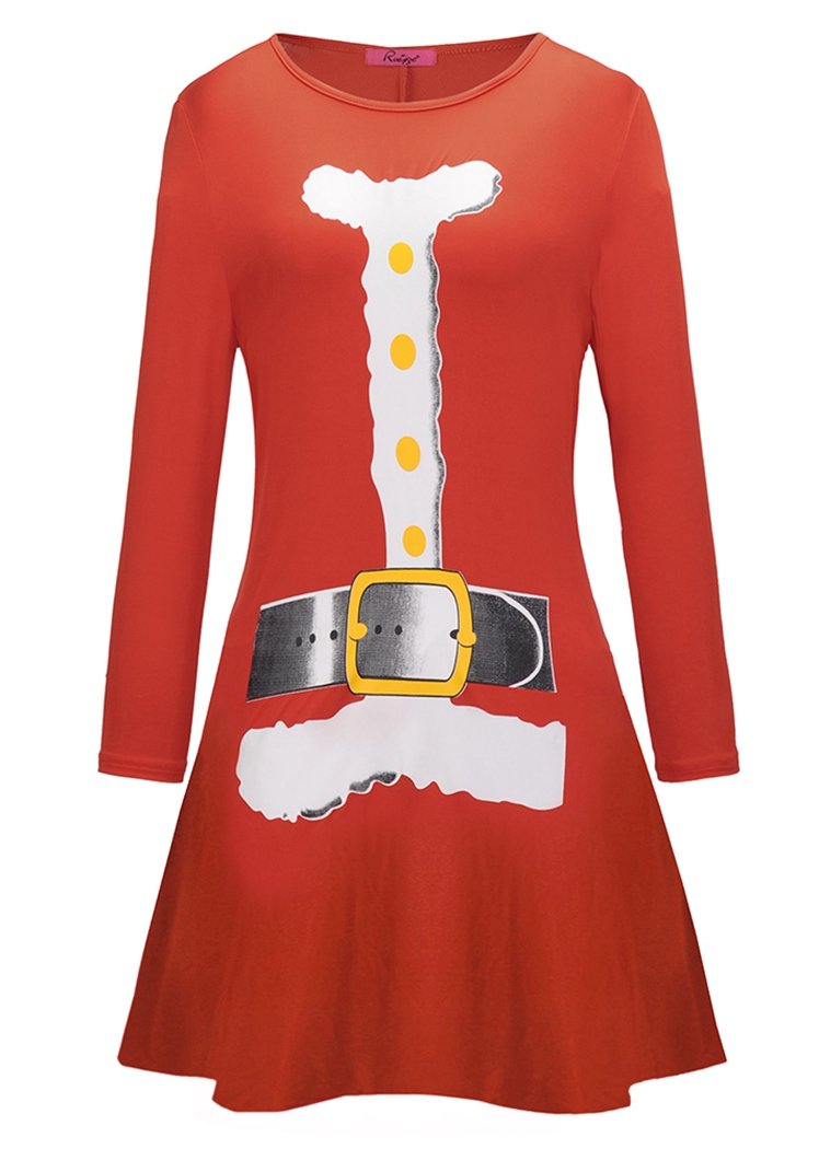 Fashion Christmas Patterns Printing Round Neck Long Sleeve Flared Midi Dress