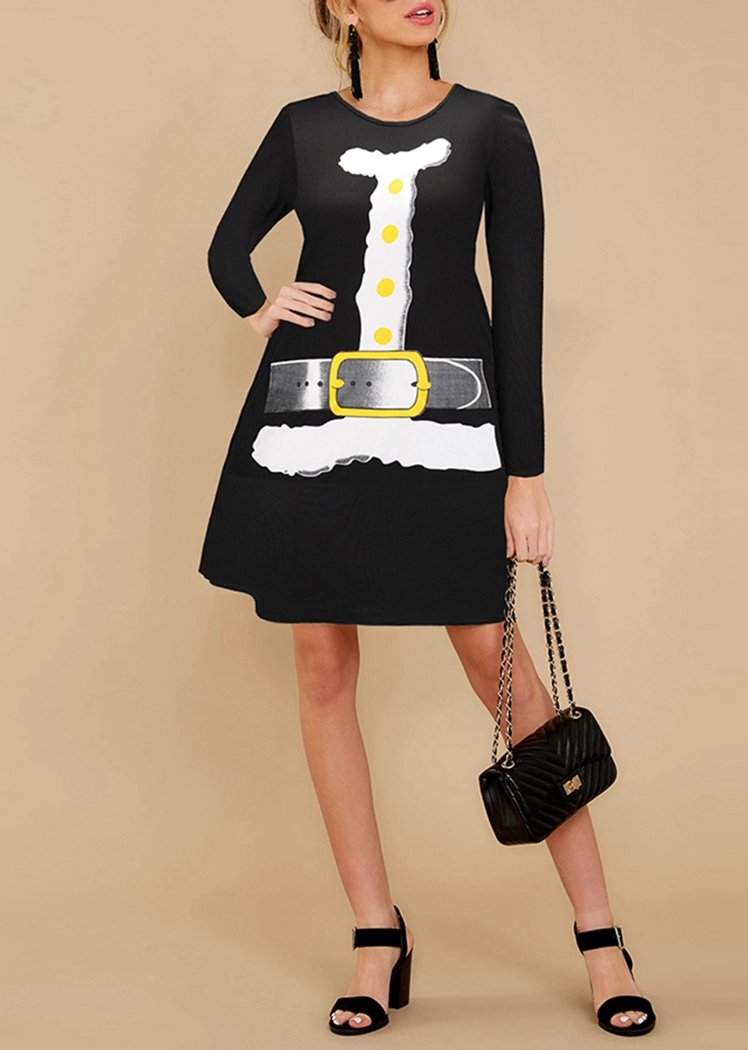 Fashion Christmas Patterns Printing Round Neck Long Sleeve Flared Midi Dress