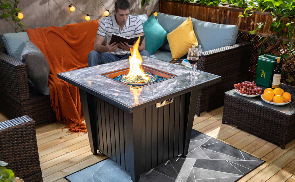 32 Propane Fire Pit Table with Marble Tabletop and 50,000 BTU Output - Modern Outdoor Heating Solution