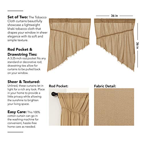 VHC Brands Primitive Farmhouse Kitchen Window Curtains - Tobacco Cloth Fringed Prairie Swag Pair, Set 36x36x18, Khaki