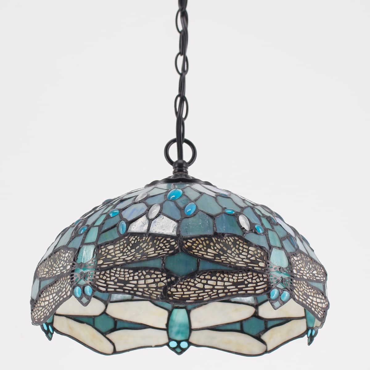 Tiffany Pendant Lamp Plug in Werfactory® Sea Blue Stained Glass Dragonfly 12 Inch Hanging Light