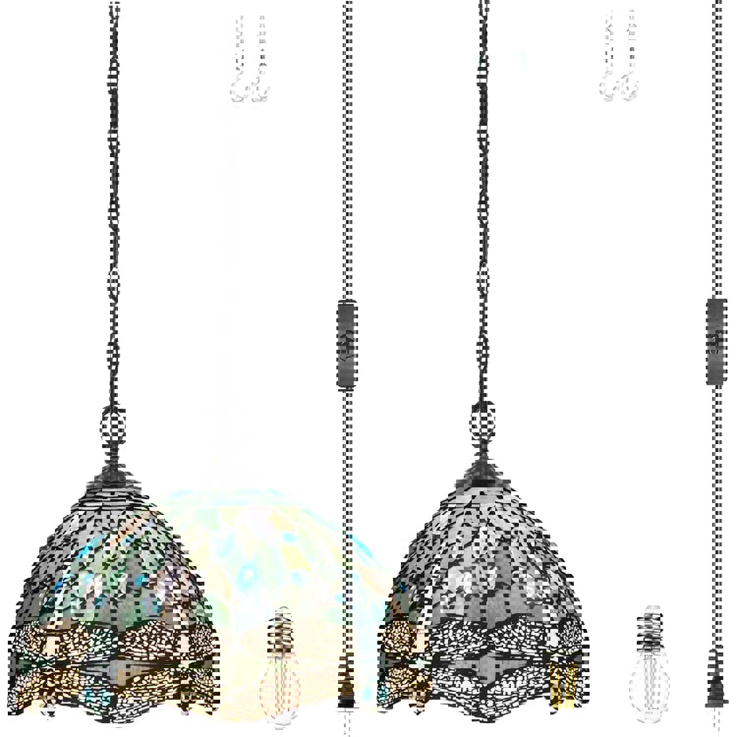 Tiffany Pendant Lamp Plug in Werfactory® Sea Blue Stained Glass Dragonfly 12 Inch Hanging Light