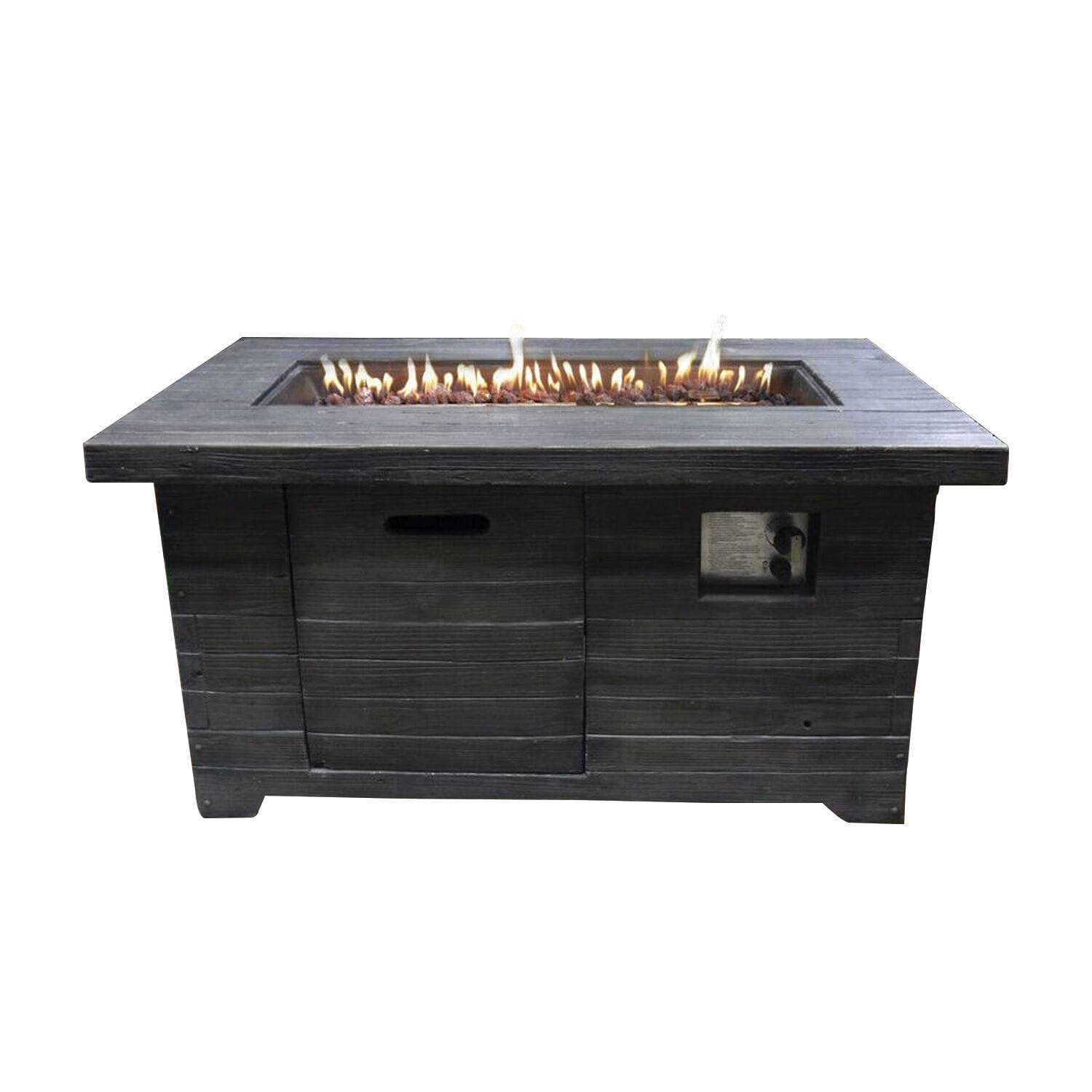 HomeRoots Outdoors Rectangular Wood Look Gas Powered Fire Pit with Lava Rocks, Gray