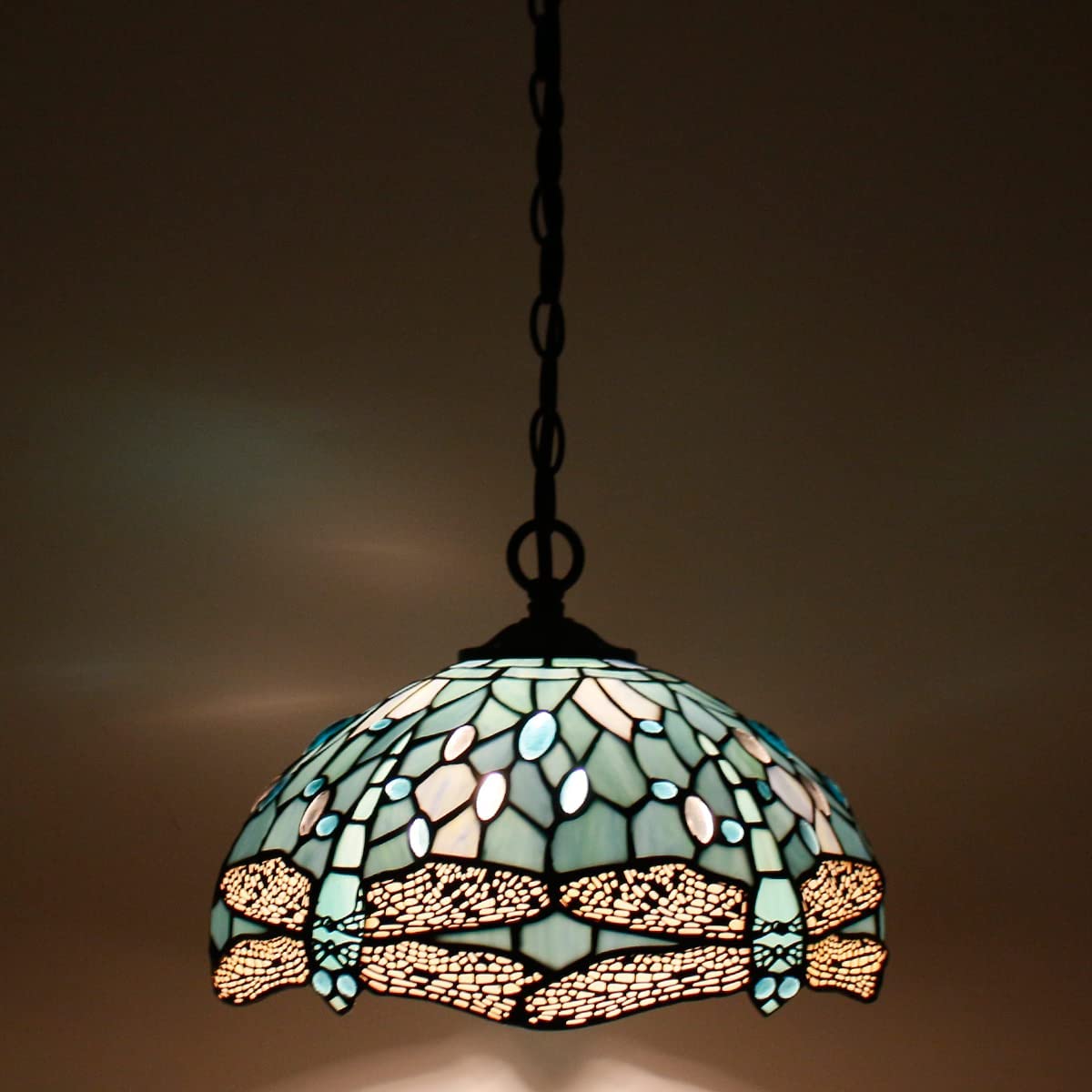 Tiffany Pendant Lamp Plug in Werfactory® Sea Blue Stained Glass Dragonfly 12 Inch Hanging Light