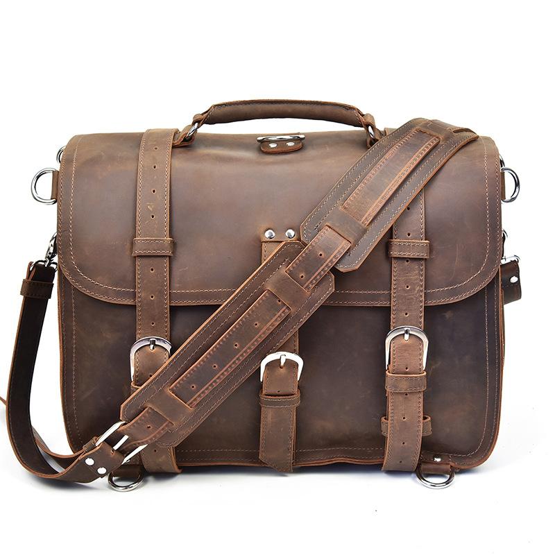 Vintage Leather Men Large Briefcase Overnight Travel Messenger Bag